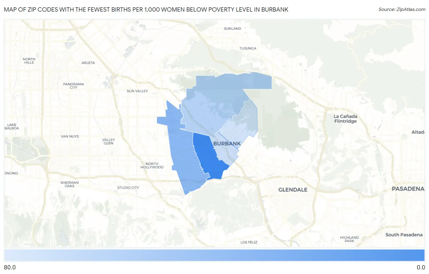 Zip Codes with the Fewest Births per 1,000 Women Below Poverty Level in Burbank Map