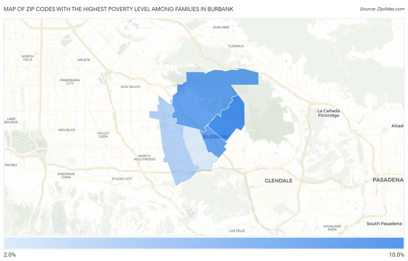 Zip Codes with the Highest Poverty Level Among Families in Burbank Map
