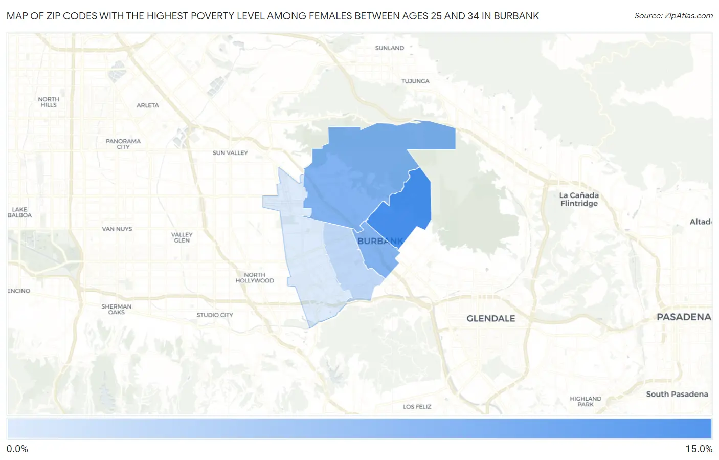 Zip Codes with the Highest Poverty Level Among Females Between Ages 25 and 34 in Burbank Map