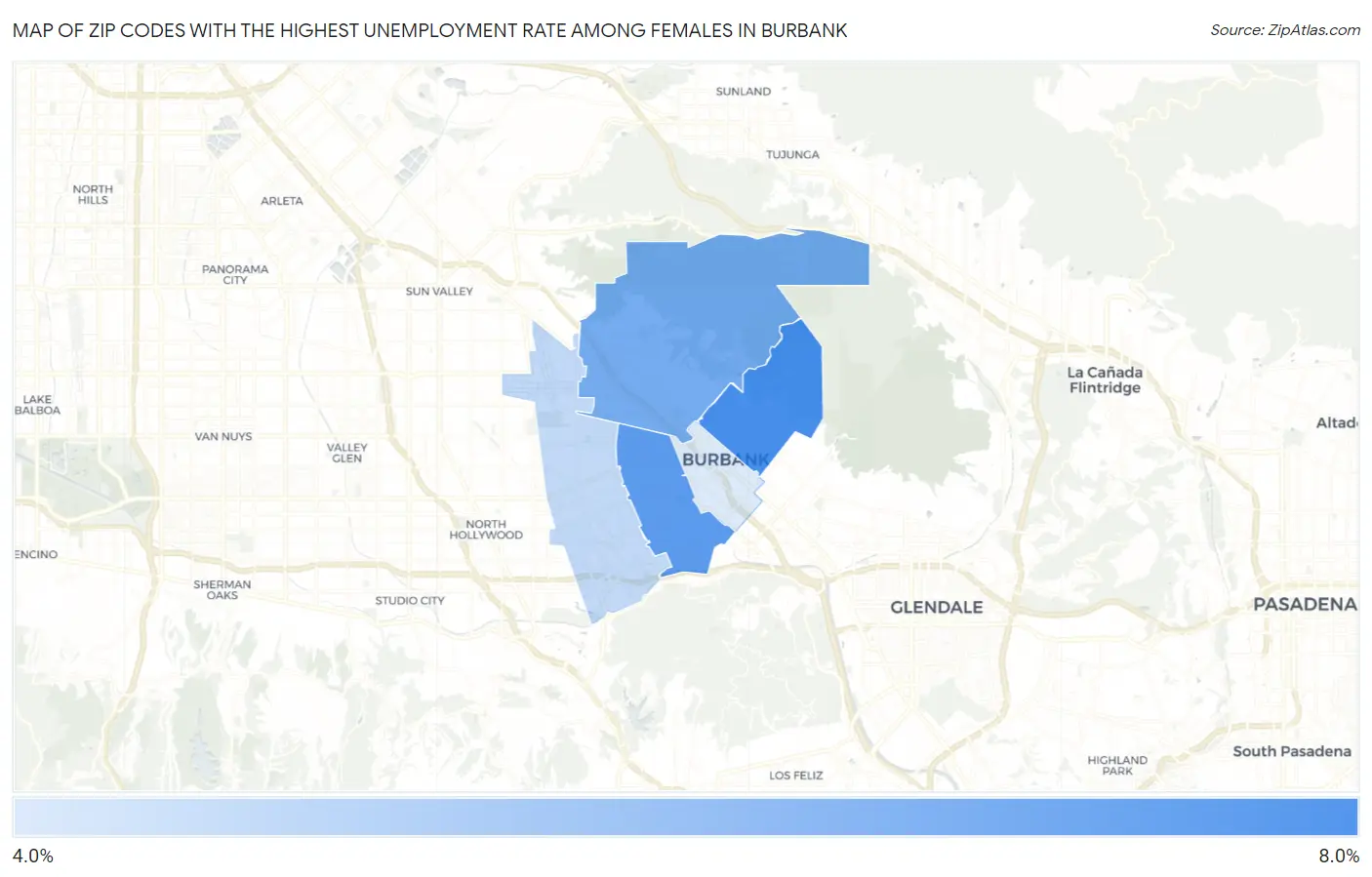 Zip Codes with the Highest Unemployment Rate Among Females in Burbank Map