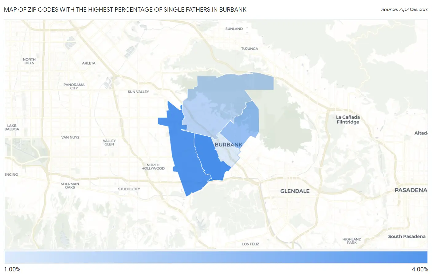 Zip Codes with the Highest Percentage of Single Fathers in Burbank Map