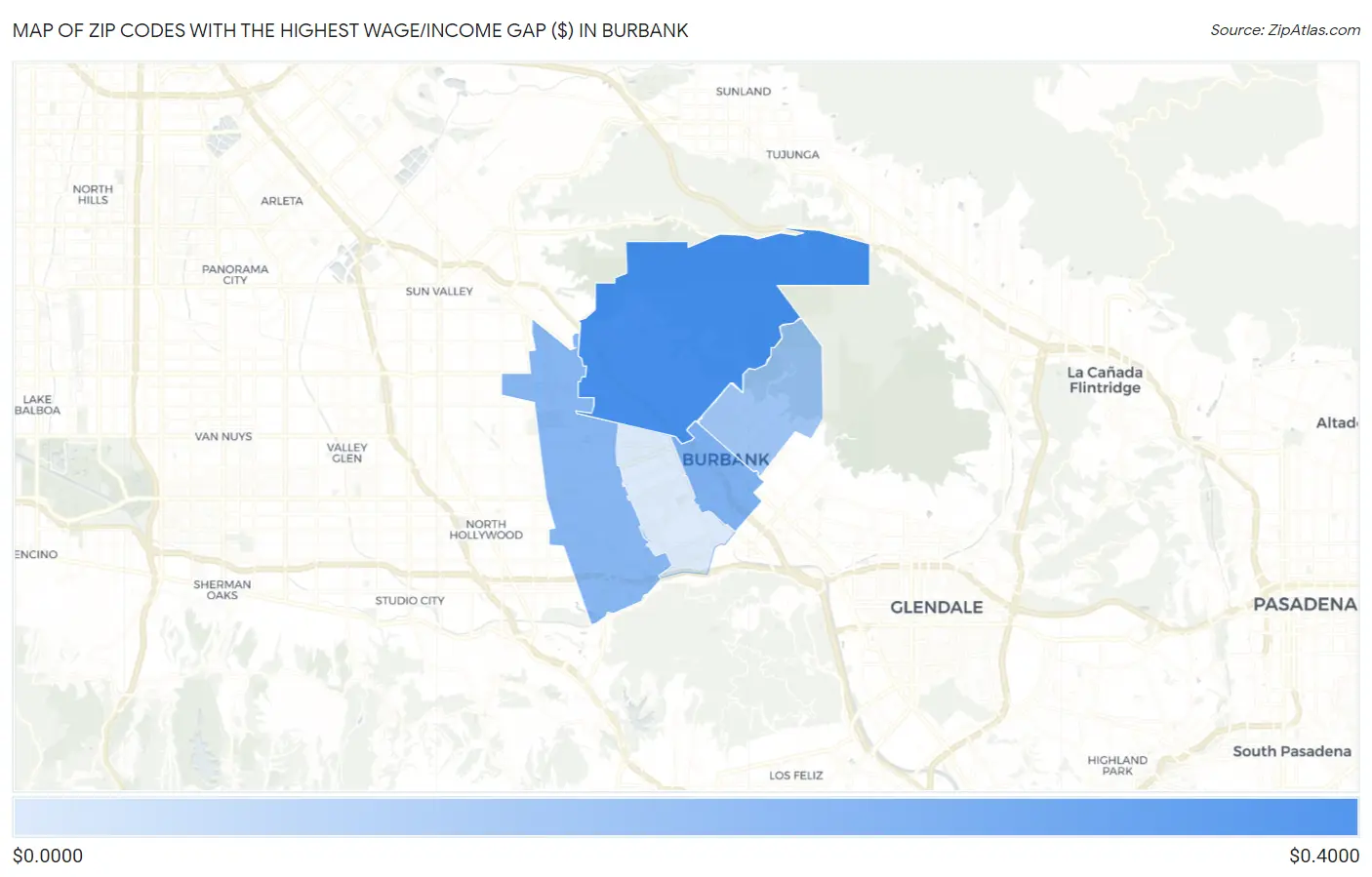 Zip Codes with the Highest Wage/Income Gap ($) in Burbank Map