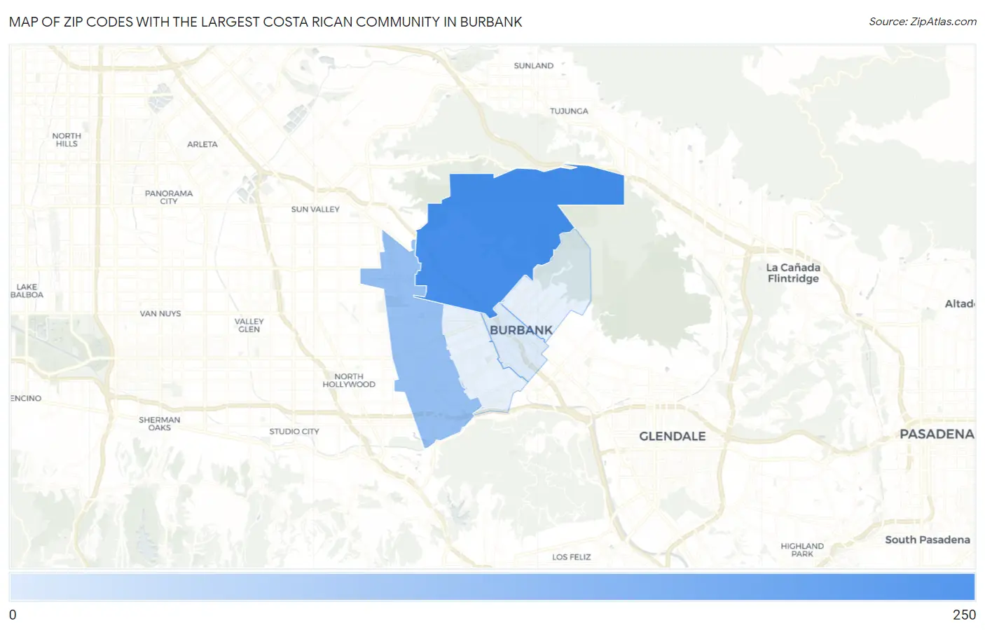 Zip Codes with the Largest Costa Rican Community in Burbank Map