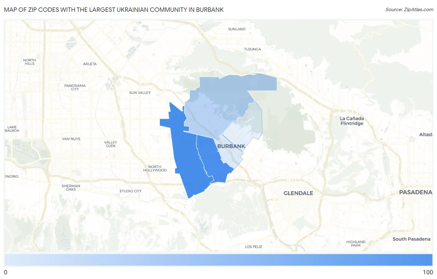 Zip Codes with the Largest Ukrainian Community in Burbank Map