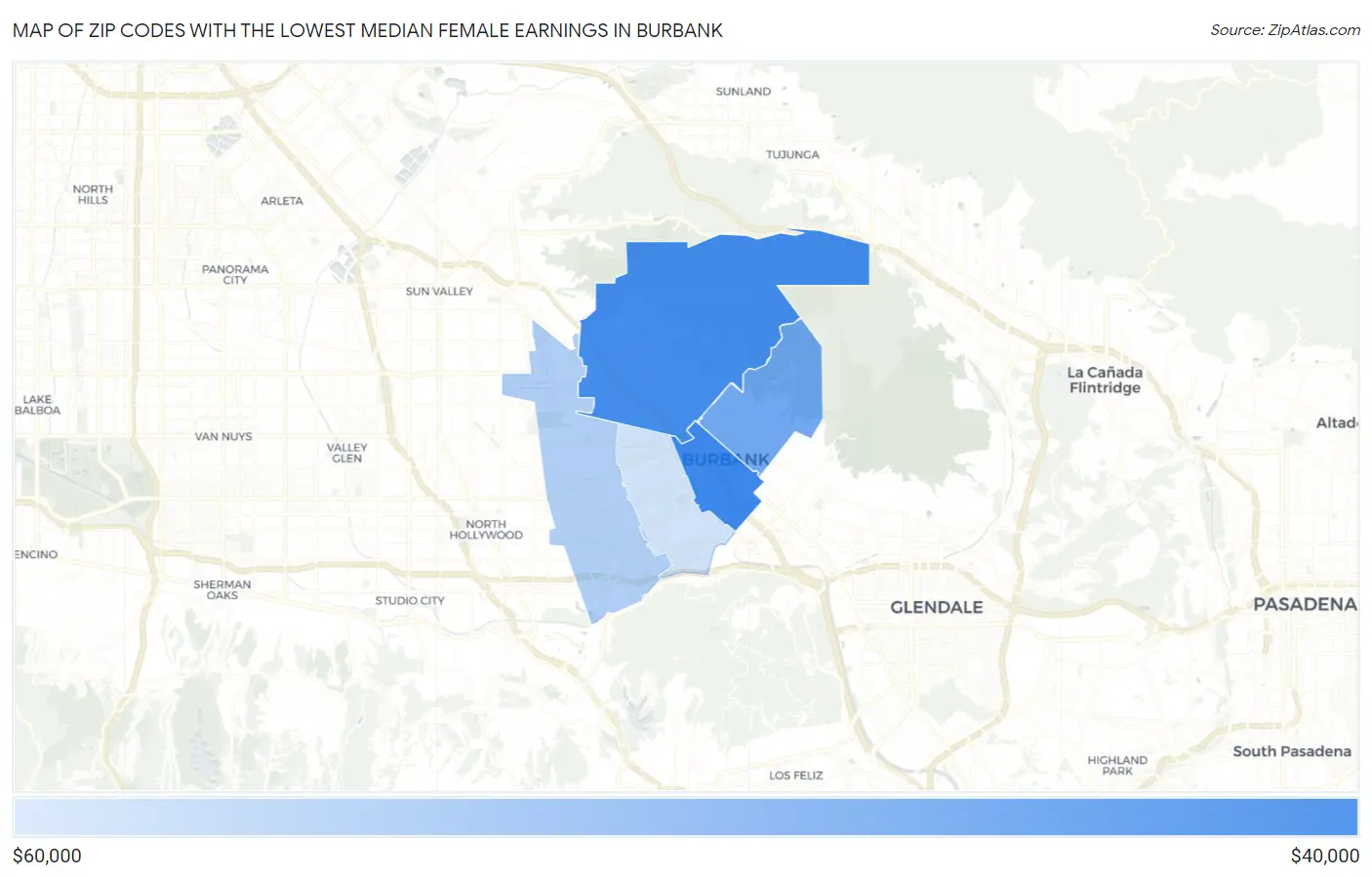 Zip Codes with the Lowest Median Female Earnings in Burbank Map