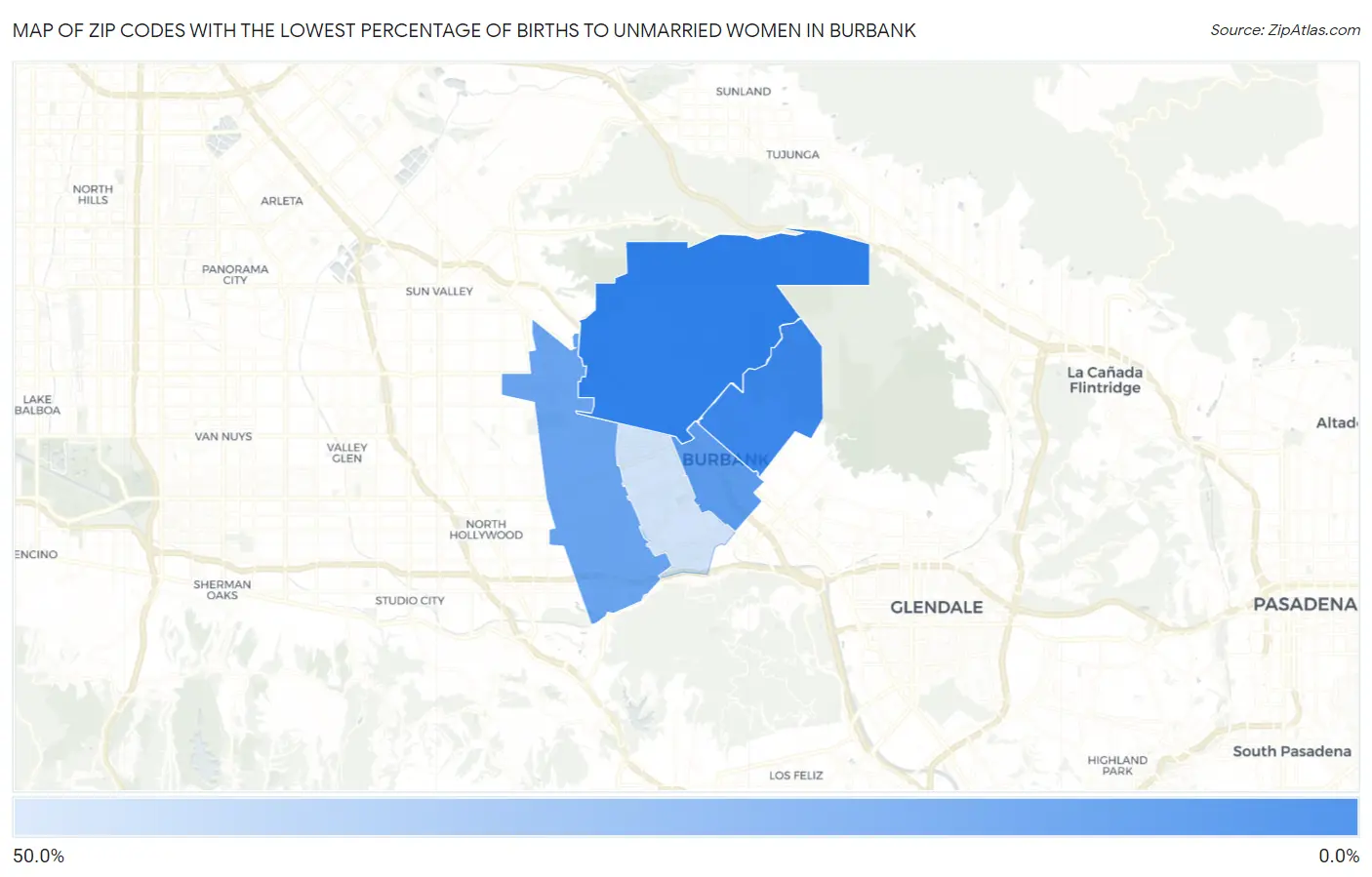 Zip Codes with the Lowest Percentage of Births to Unmarried Women in Burbank Map