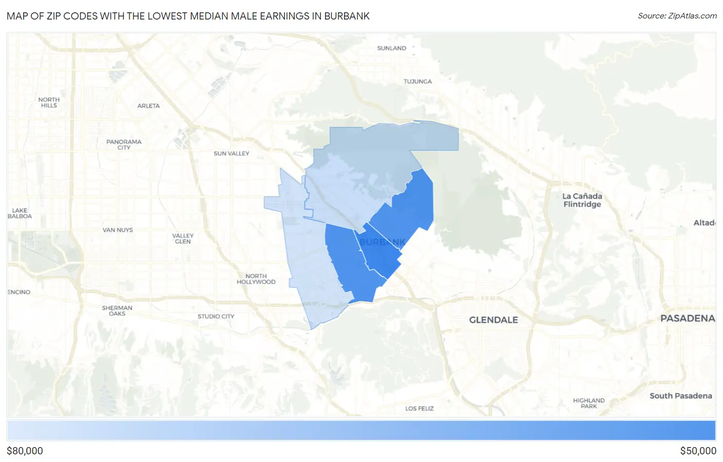 Zip Codes with the Lowest Median Male Earnings in Burbank Map
