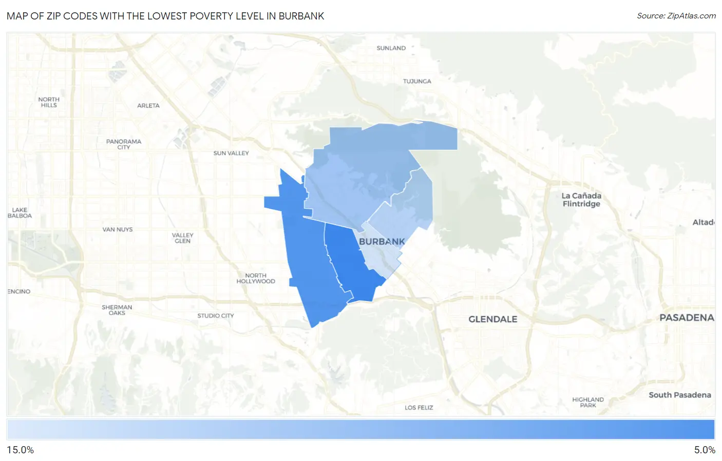 Zip Codes with the Lowest Poverty Level in Burbank Map
