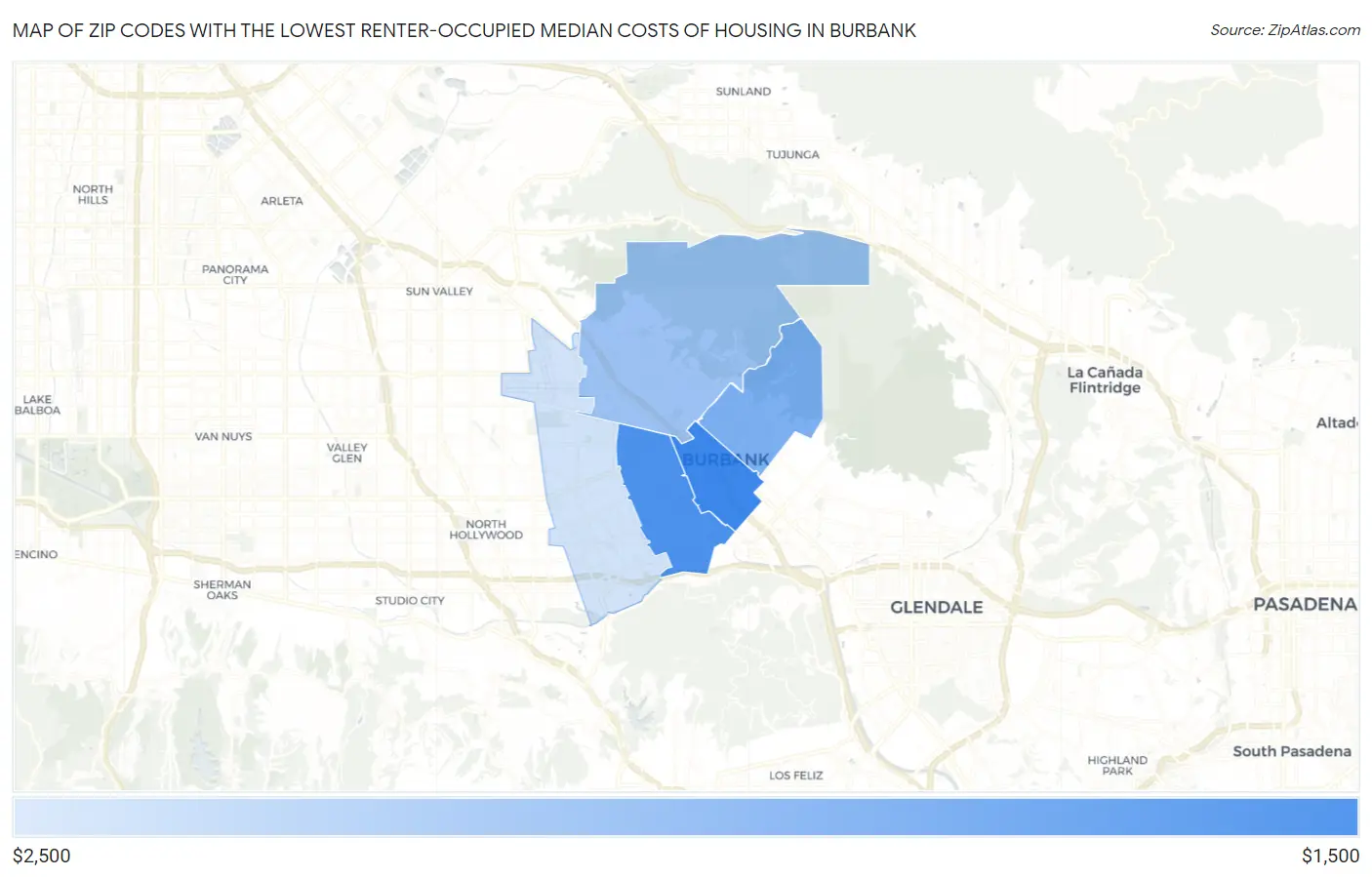 Zip Codes with the Lowest Renter-Occupied Median Costs of Housing in Burbank Map