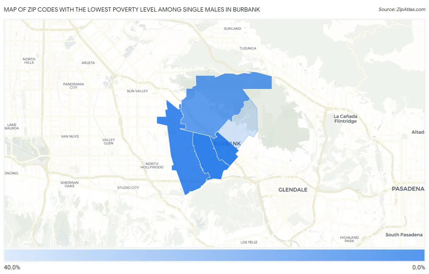 Zip Codes with the Lowest Poverty Level Among Single Males in Burbank Map