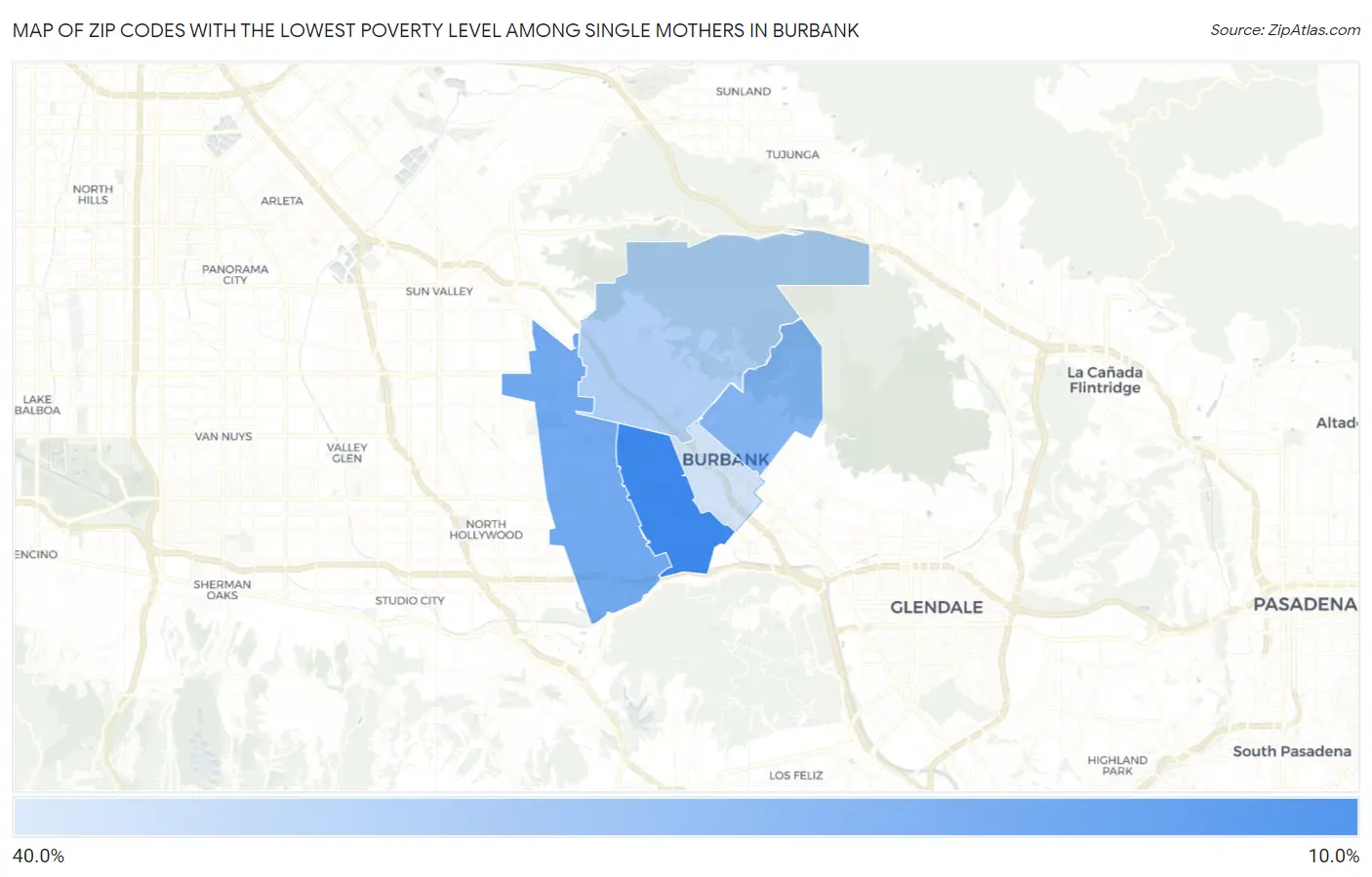 Zip Codes with the Lowest Poverty Level Among Single Mothers in Burbank Map