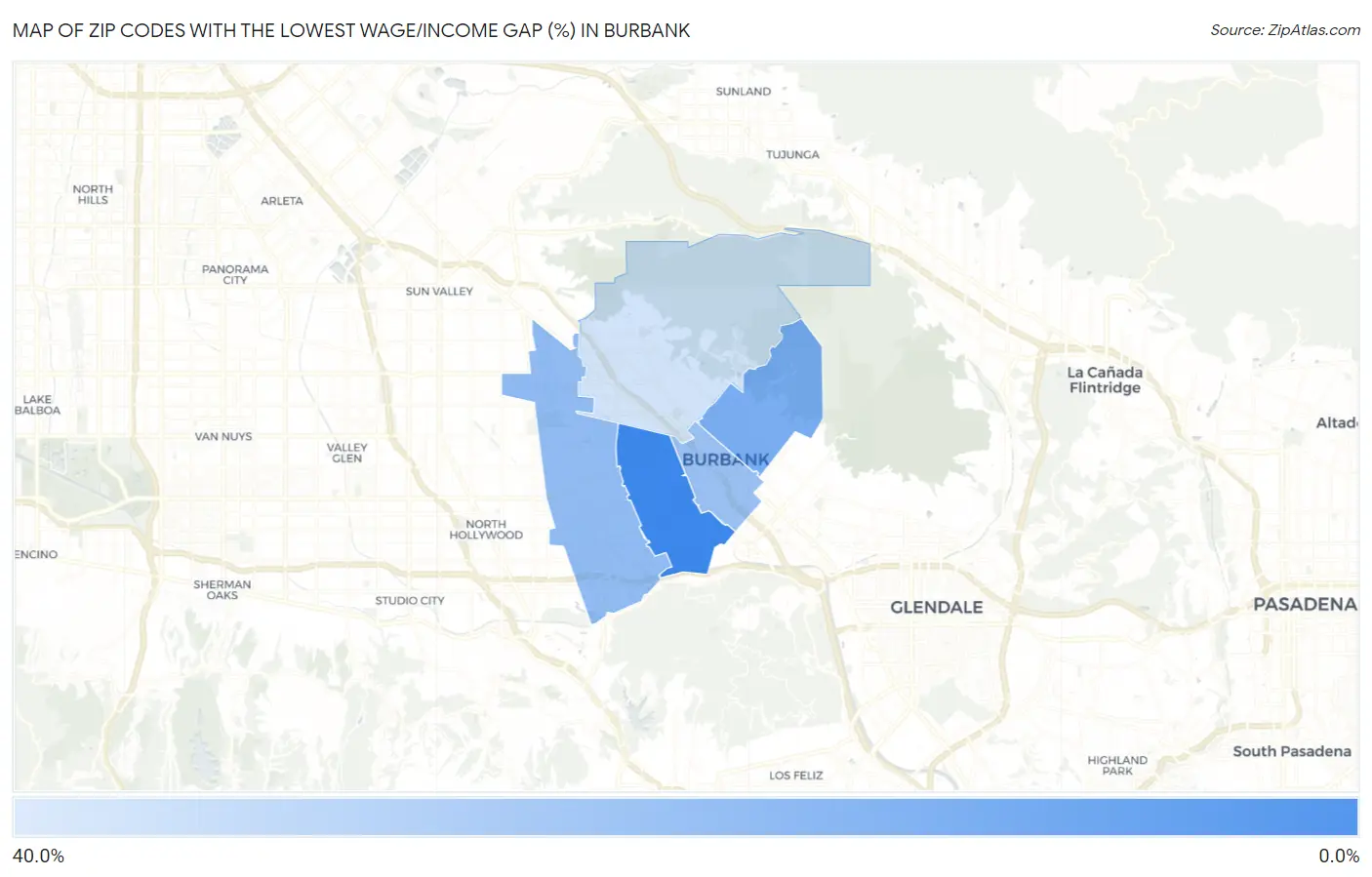 Zip Codes with the Lowest Wage/Income Gap (%) in Burbank Map