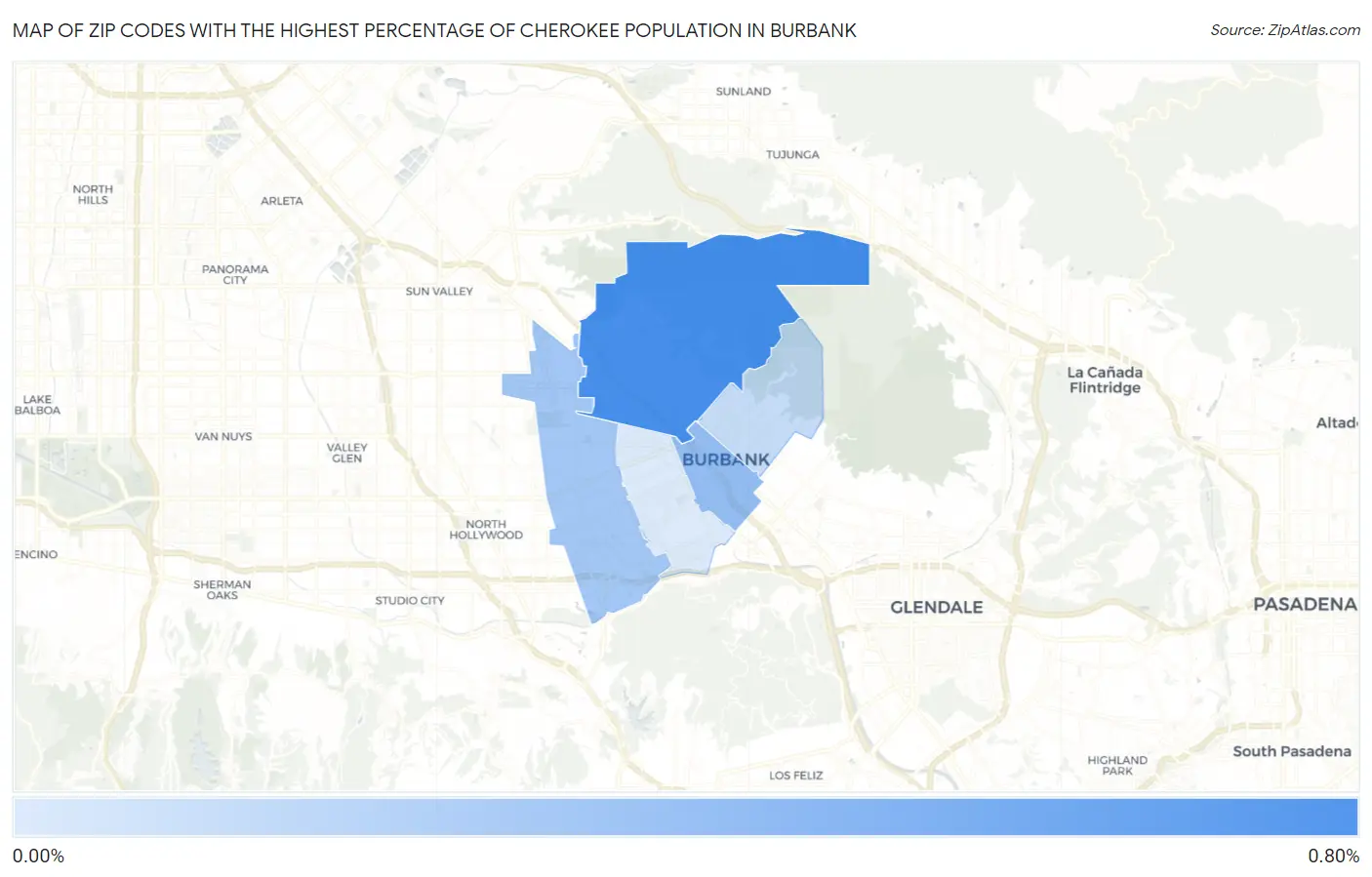 Zip Codes with the Highest Percentage of Cherokee Population in Burbank Map