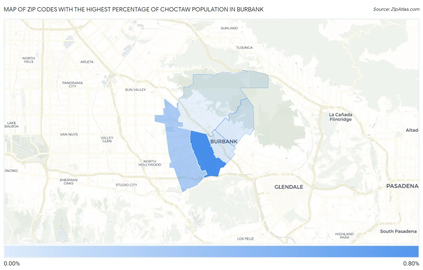 Zip Codes with the Highest Percentage of Choctaw Population in Burbank Map