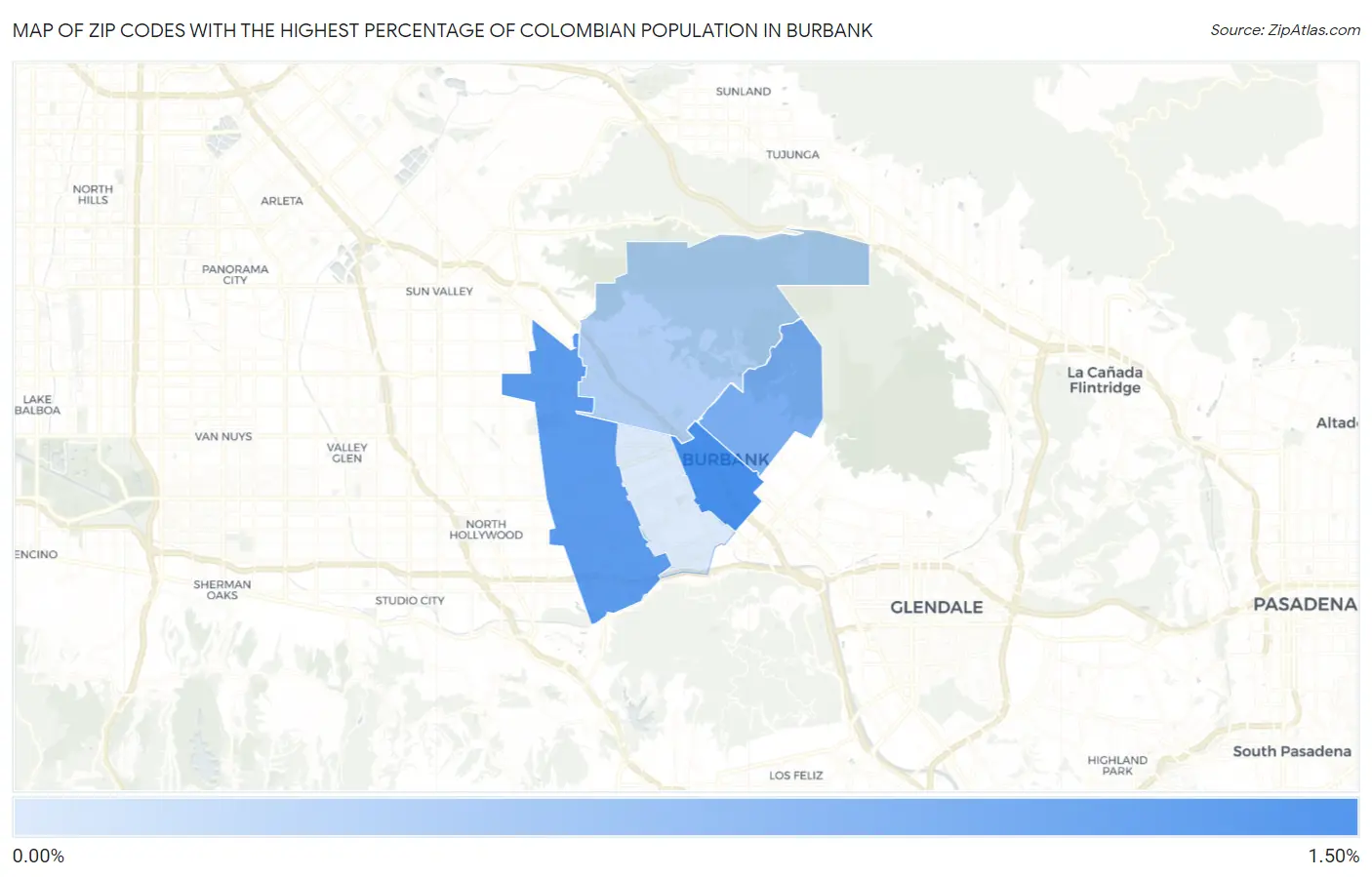 Zip Codes with the Highest Percentage of Colombian Population in Burbank Map