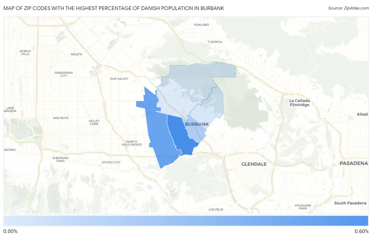 Zip Codes with the Highest Percentage of Danish Population in Burbank Map
