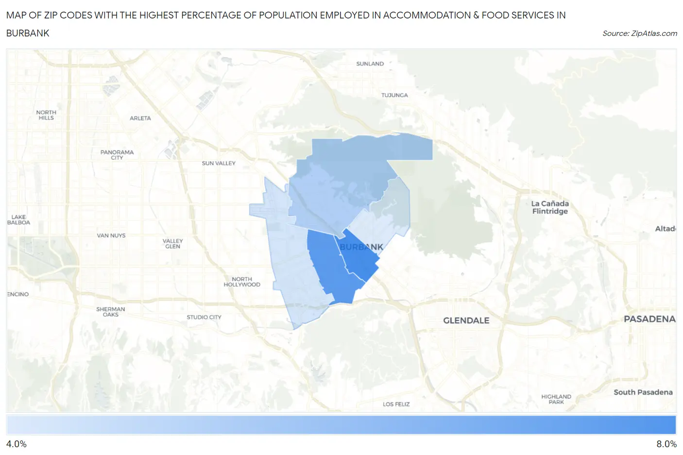 Zip Codes with the Highest Percentage of Population Employed in Accommodation & Food Services in Burbank Map
