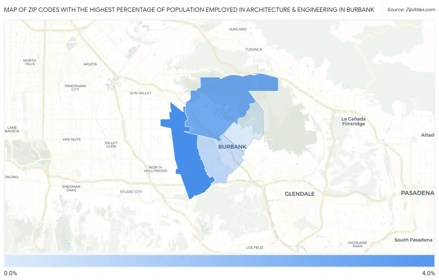 Zip Codes with the Highest Percentage of Population Employed in Architecture & Engineering in Burbank Map