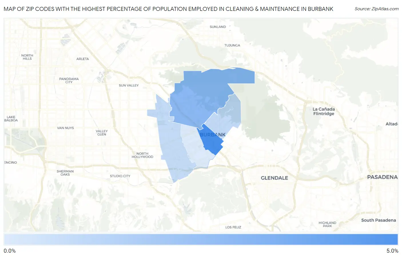 Zip Codes with the Highest Percentage of Population Employed in Cleaning & Maintenance in Burbank Map
