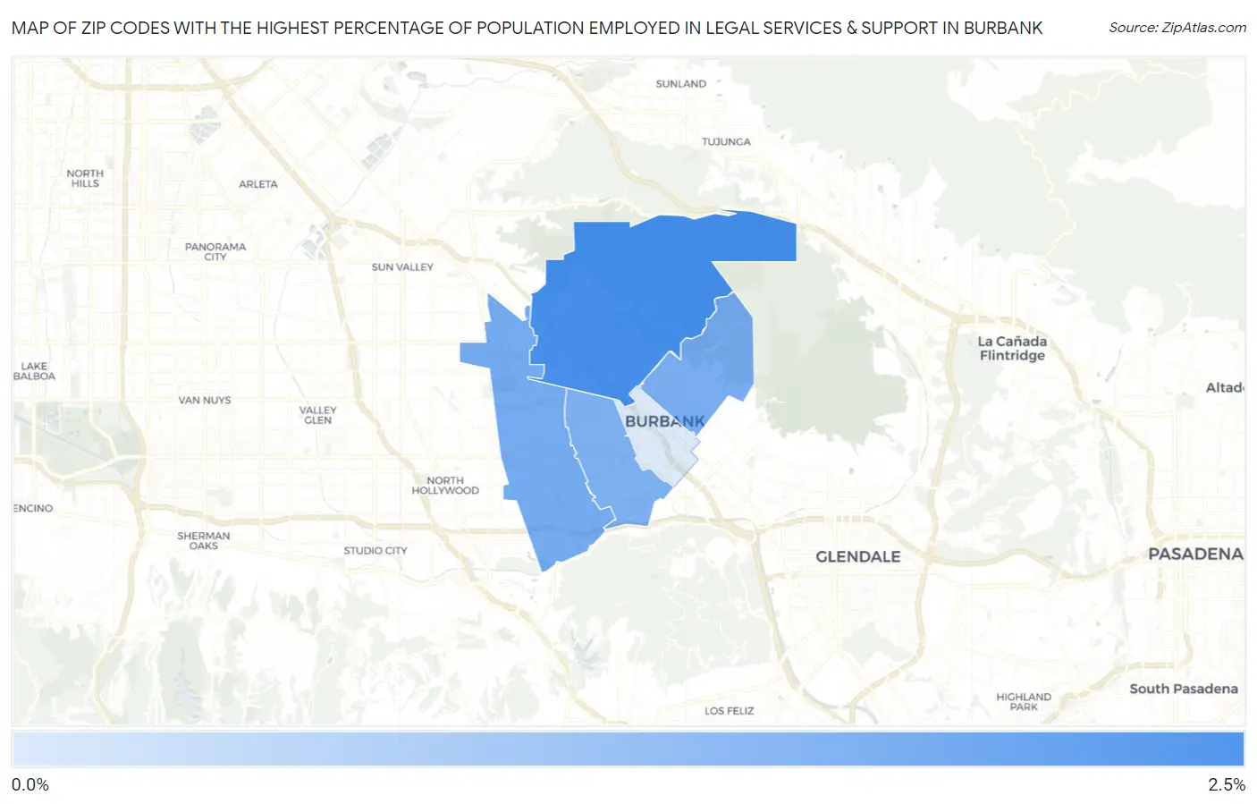 Zip Codes with the Highest Percentage of Population Employed in Legal Services & Support in Burbank Map