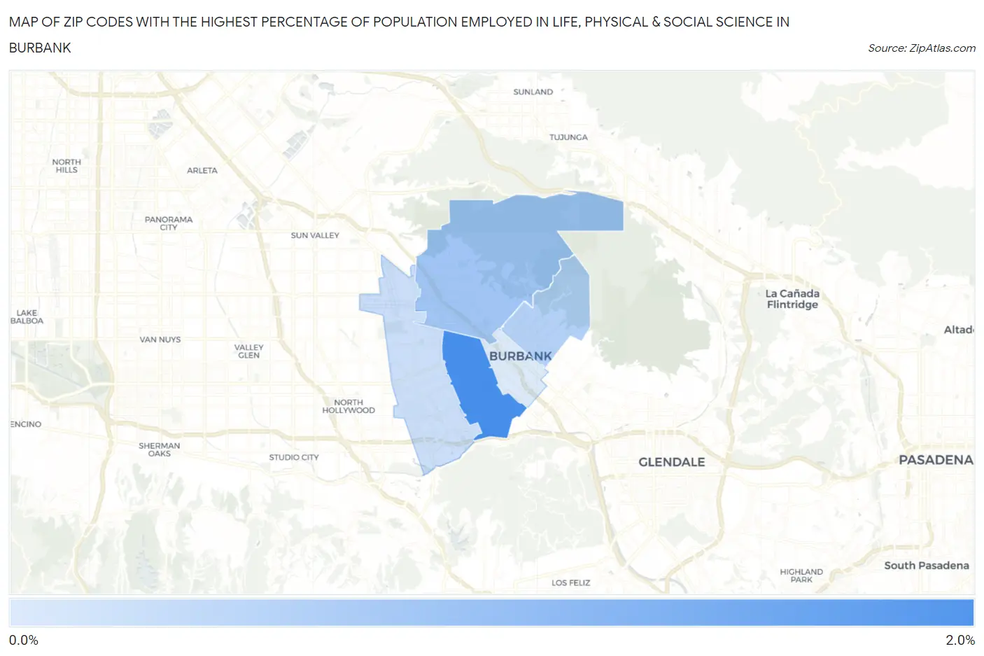 Zip Codes with the Highest Percentage of Population Employed in Life, Physical & Social Science in Burbank Map