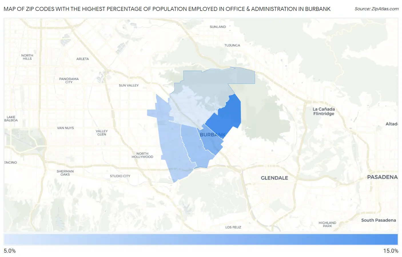 Zip Codes with the Highest Percentage of Population Employed in Office & Administration in Burbank Map