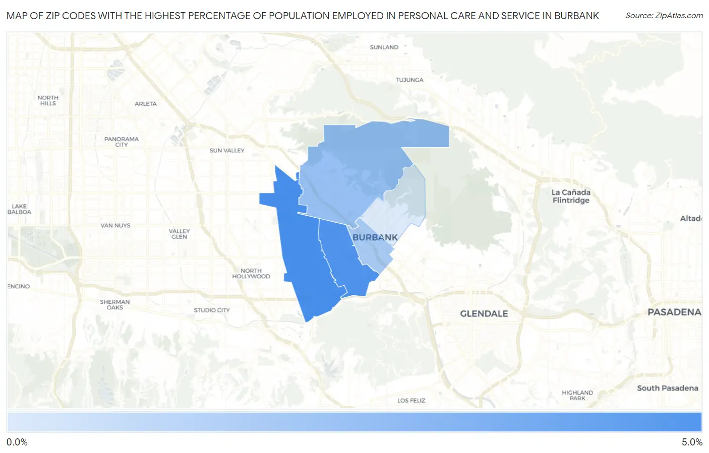 Zip Codes with the Highest Percentage of Population Employed in Personal Care and Service in Burbank Map