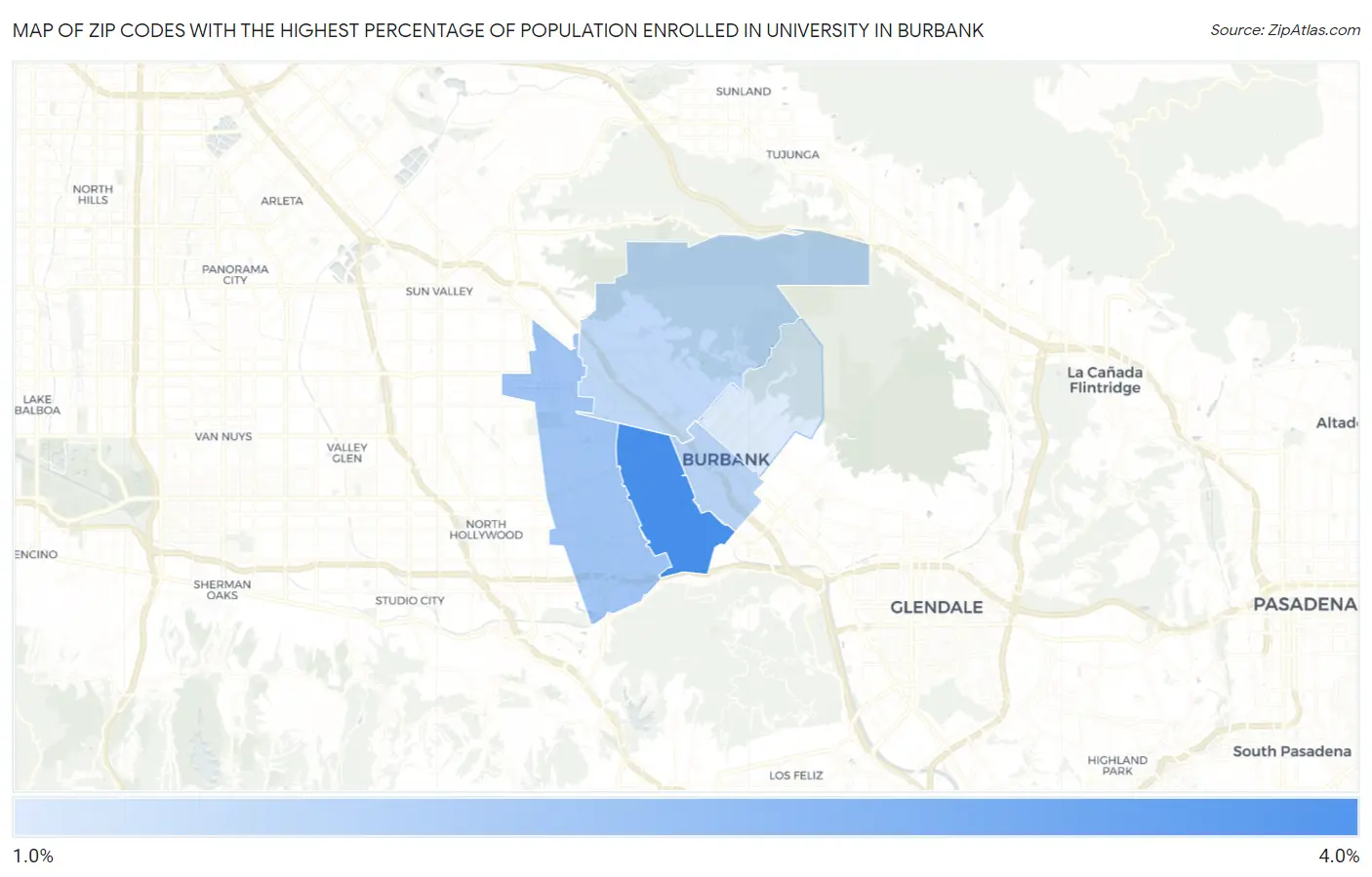 Zip Codes with the Highest Percentage of Population Enrolled in University in Burbank Map