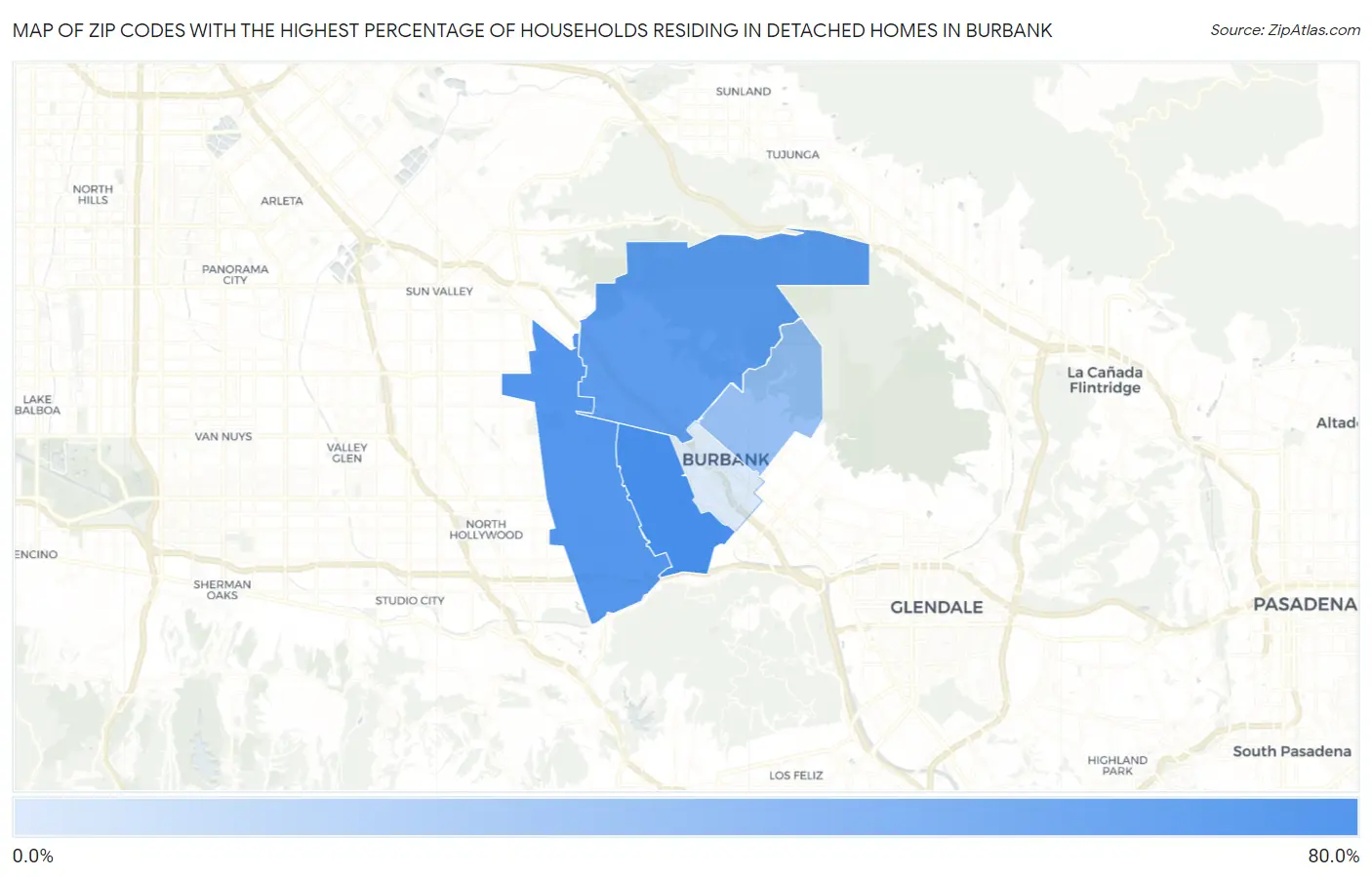 Zip Codes with the Highest Percentage of Households Residing in Detached Homes in Burbank Map
