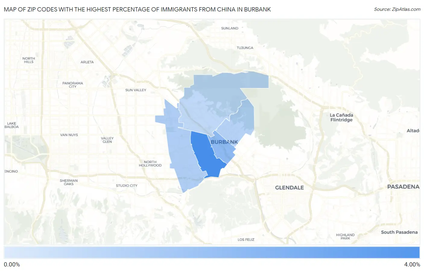 Zip Codes with the Highest Percentage of Immigrants from China in Burbank Map