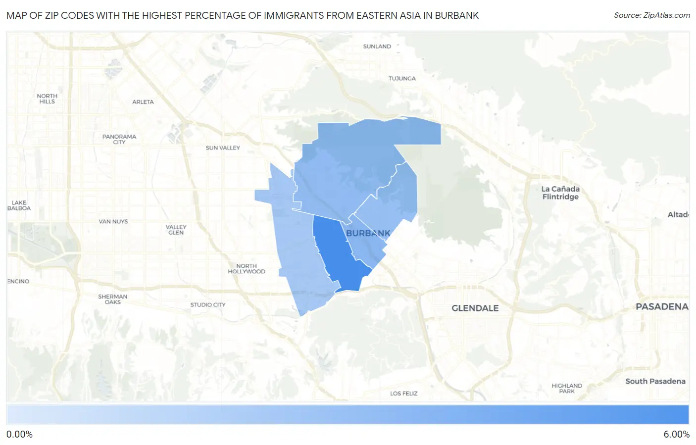 Zip Codes with the Highest Percentage of Immigrants from Eastern Asia in Burbank Map