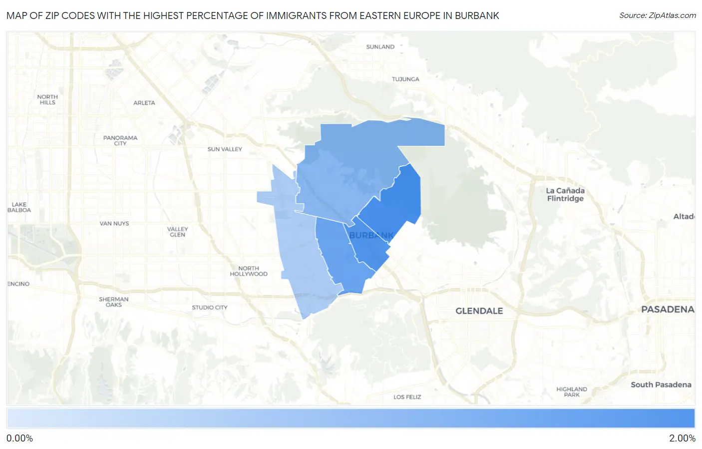 Zip Codes with the Highest Percentage of Immigrants from Eastern Europe in Burbank Map
