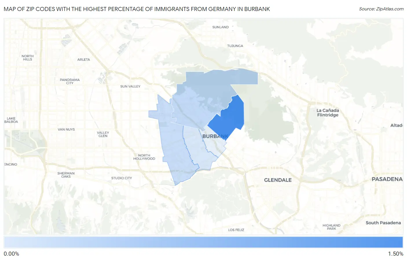 Zip Codes with the Highest Percentage of Immigrants from Germany in Burbank Map