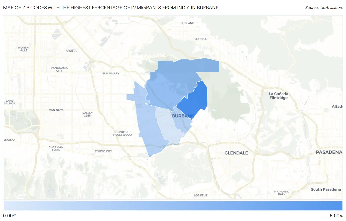 Zip Codes with the Highest Percentage of Immigrants from India in Burbank Map