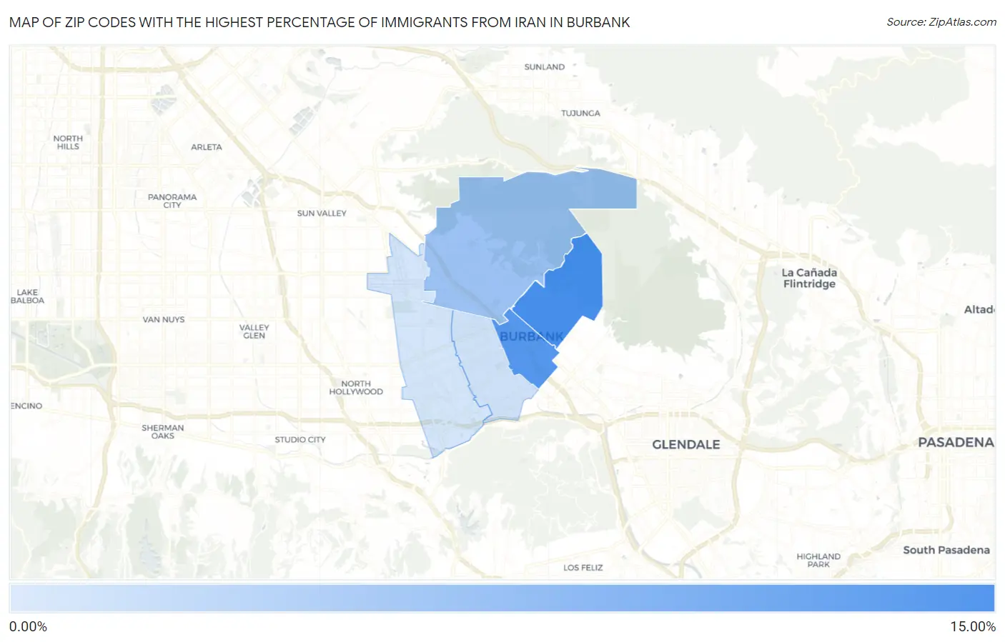 Zip Codes with the Highest Percentage of Immigrants from Iran in Burbank Map