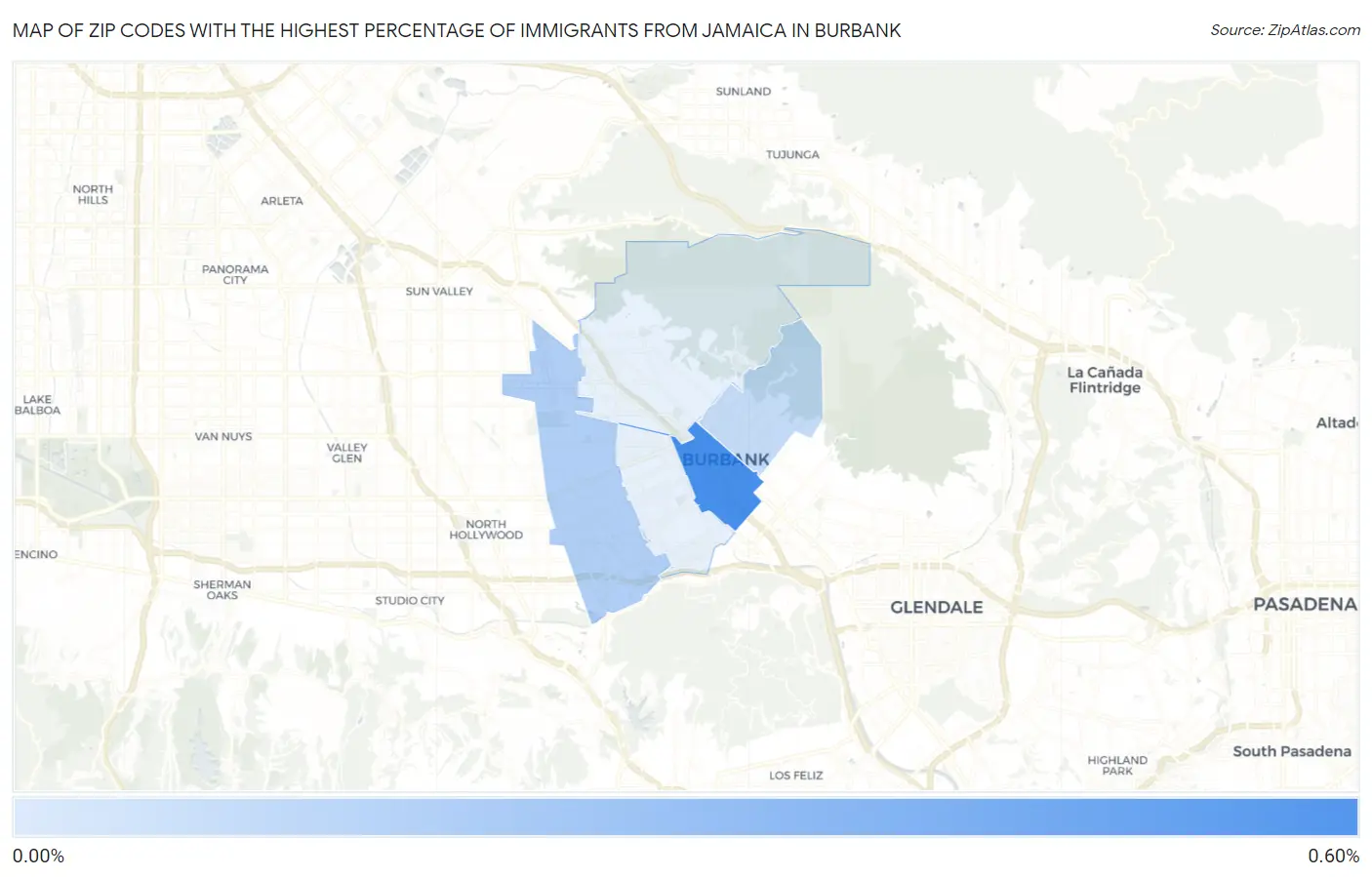 Zip Codes with the Highest Percentage of Immigrants from Jamaica in Burbank Map