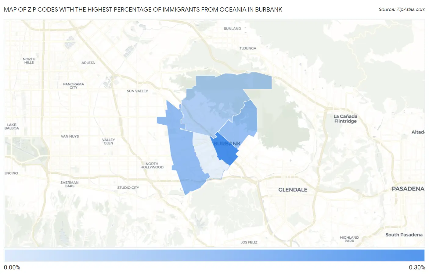Zip Codes with the Highest Percentage of Immigrants from Oceania in Burbank Map