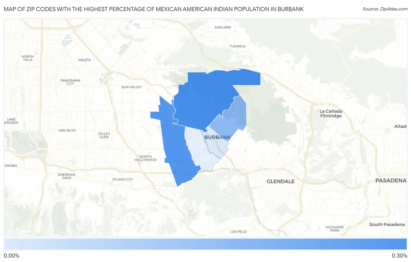Zip Codes with the Highest Percentage of Mexican American Indian Population in Burbank Map