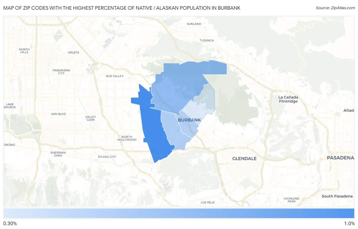 Zip Codes with the Highest Percentage of Native / Alaskan Population in Burbank Map