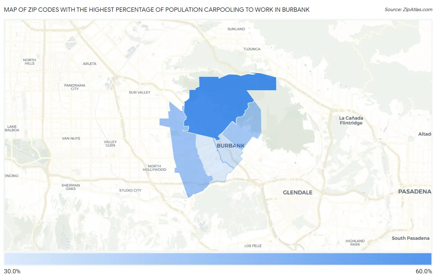 Zip Codes with the Highest Percentage of Population Carpooling to Work in Burbank Map