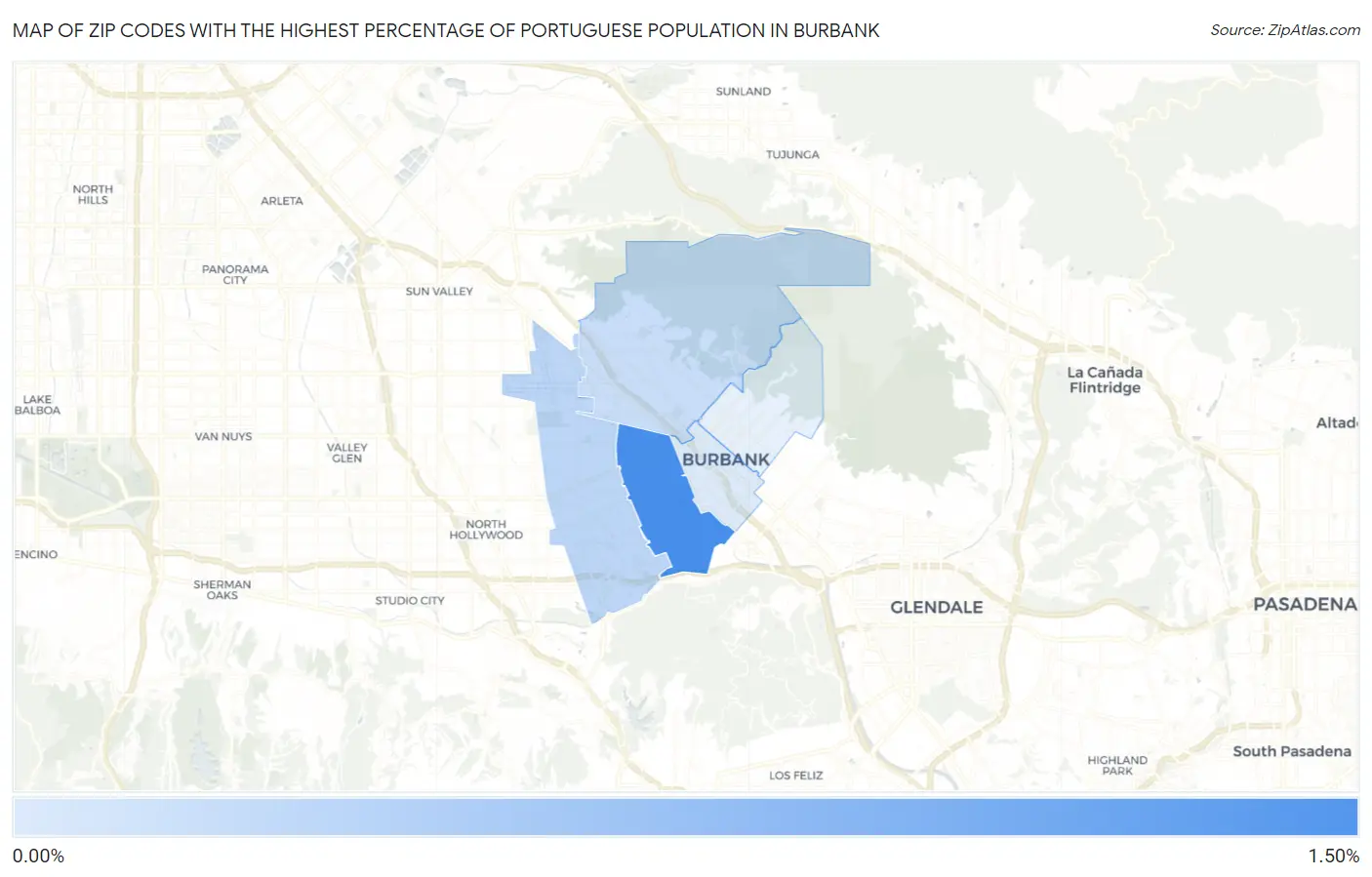 Zip Codes with the Highest Percentage of Portuguese Population in Burbank Map