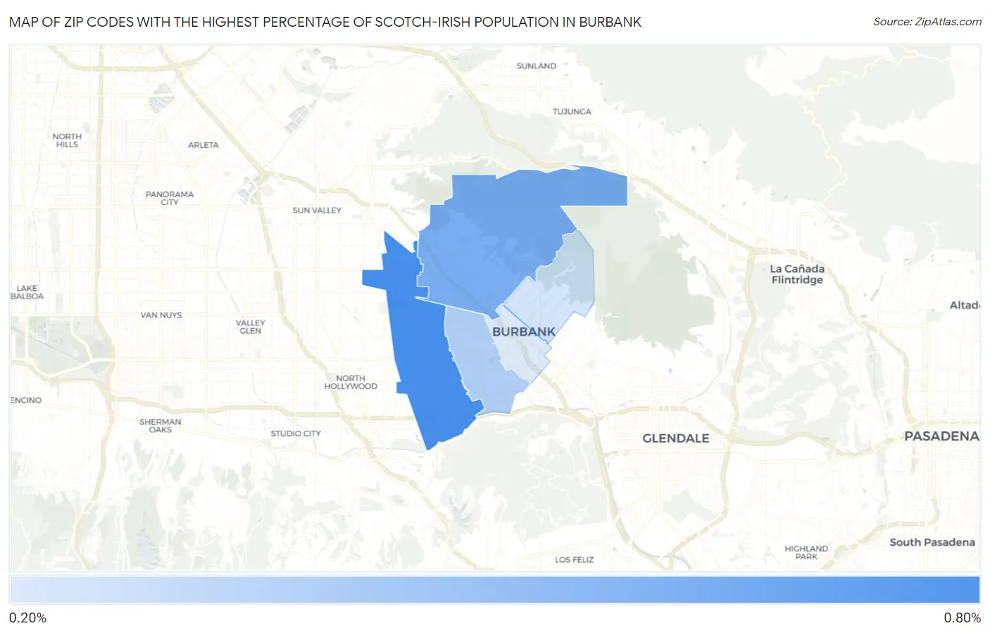 Zip Codes with the Highest Percentage of Scotch-Irish Population in Burbank Map