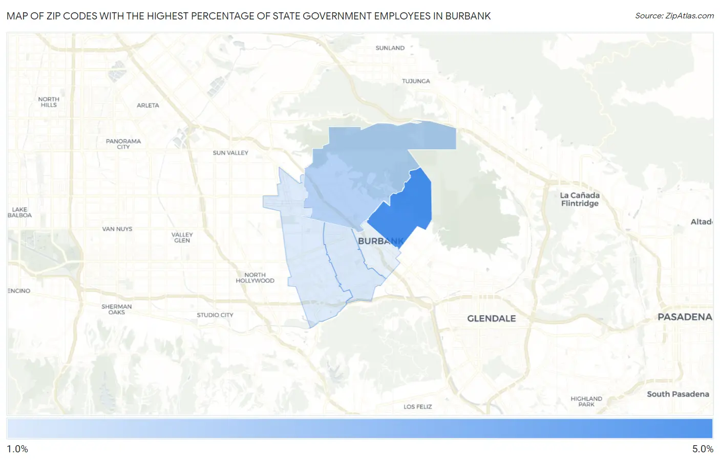 Zip Codes with the Highest Percentage of State Government Employees in Burbank Map