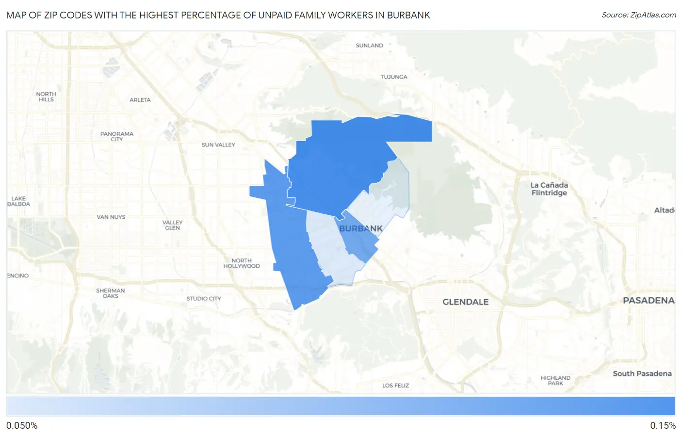 Zip Codes with the Highest Percentage of Unpaid Family Workers in Burbank Map