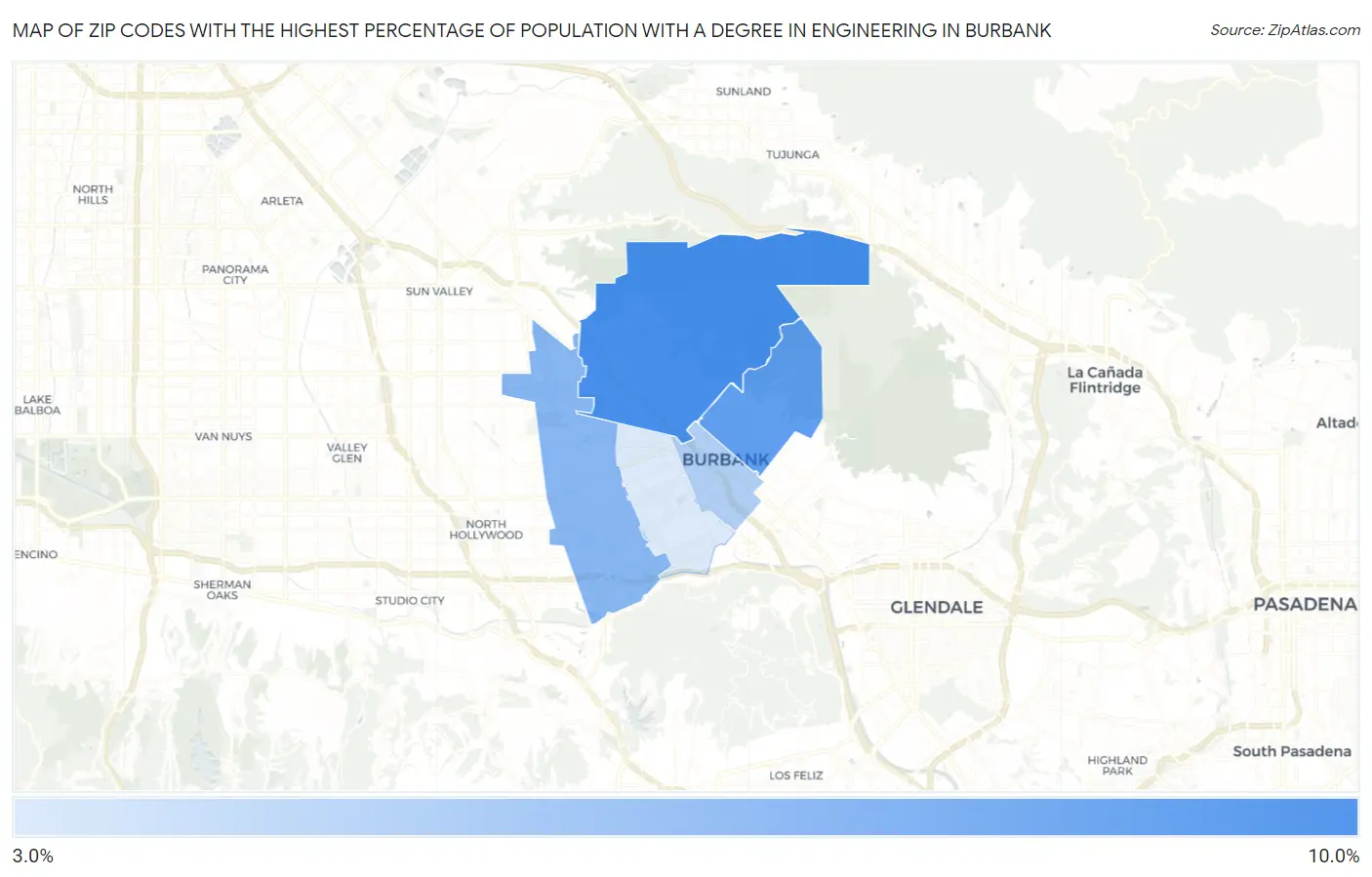 Zip Codes with the Highest Percentage of Population with a Degree in Engineering in Burbank Map