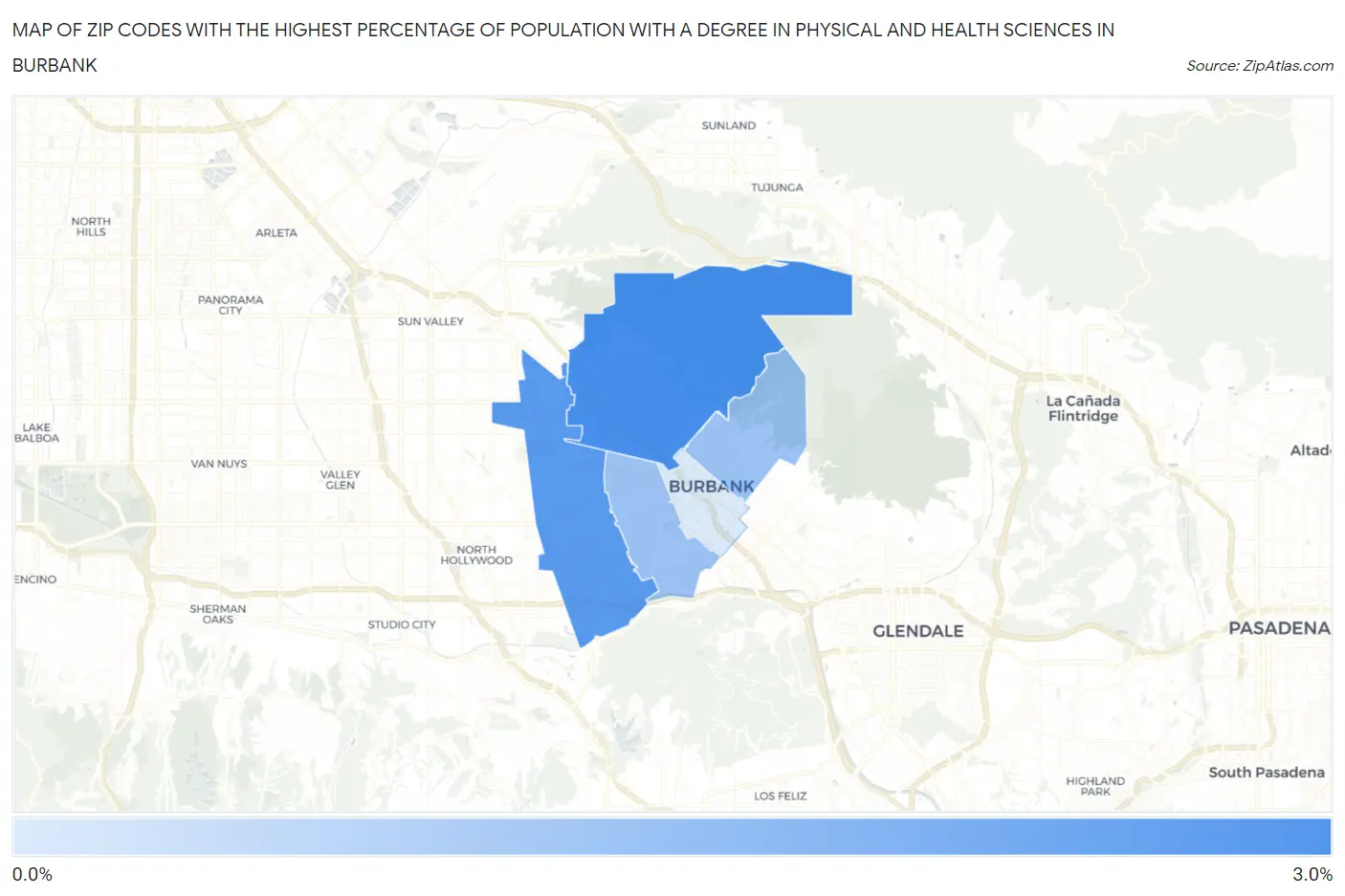 Zip Codes with the Highest Percentage of Population with a Degree in Physical and Health Sciences in Burbank Map