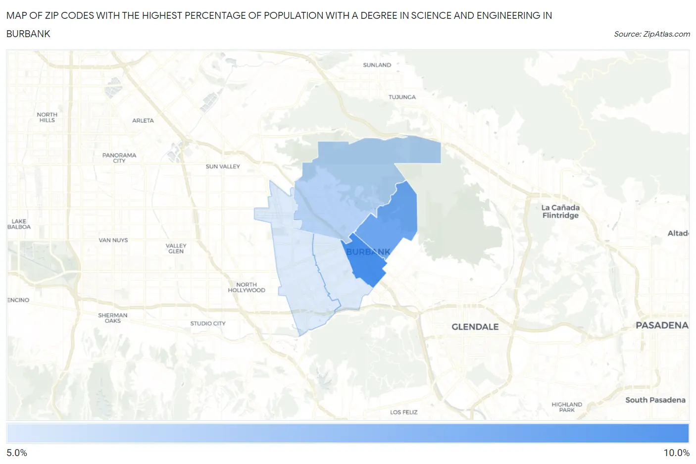 Zip Codes with the Highest Percentage of Population with a Degree in Science and Engineering in Burbank Map