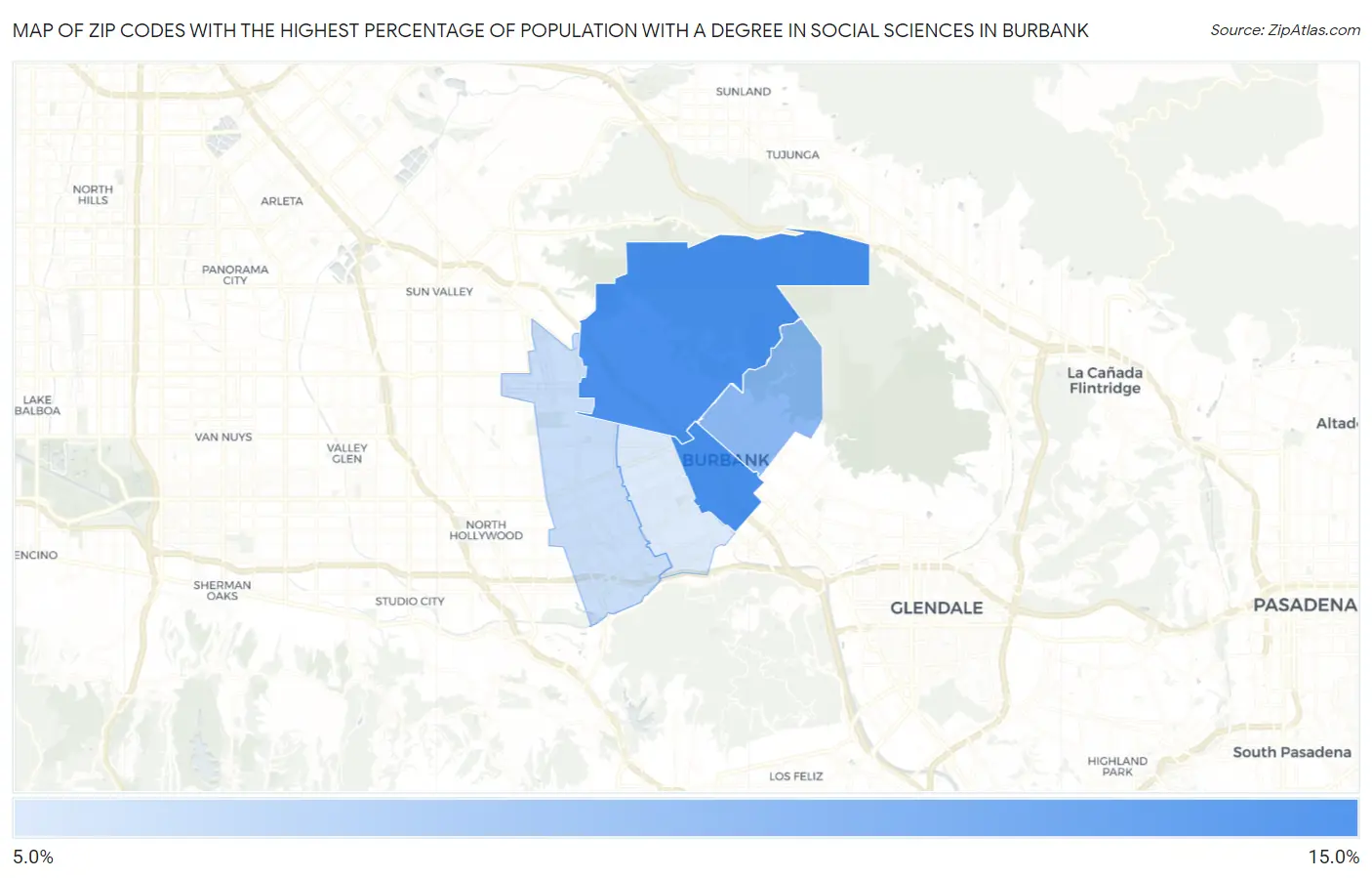 Zip Codes with the Highest Percentage of Population with a Degree in Social Sciences in Burbank Map
