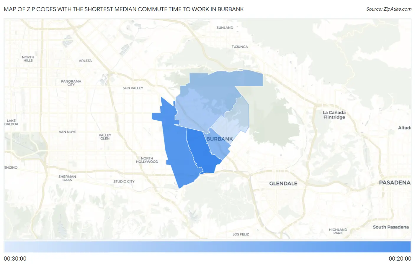 Zip Codes with the Shortest Median Commute Time to Work in Burbank Map