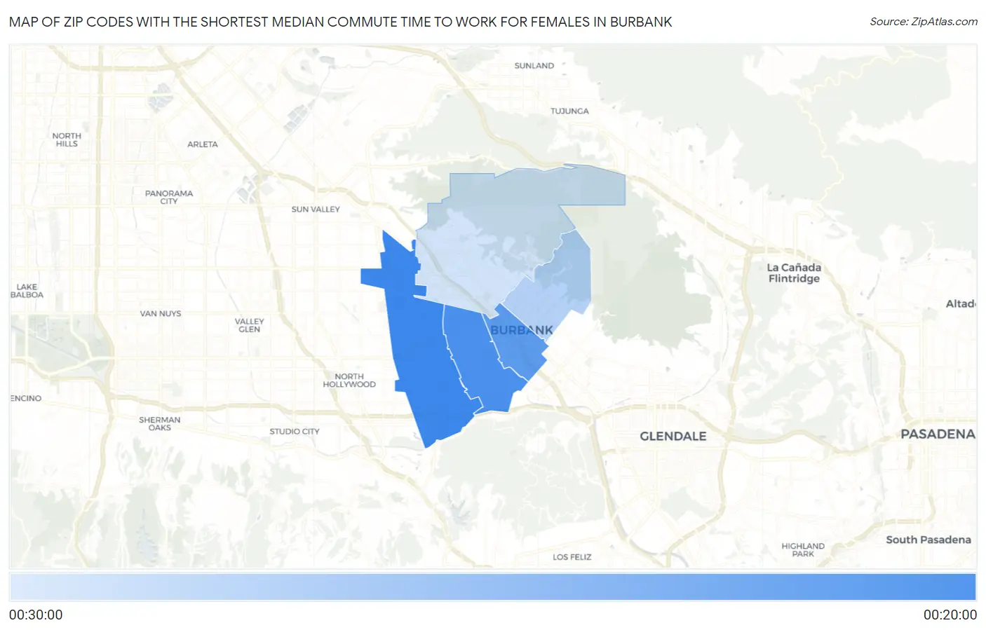 Zip Codes with the Shortest Median Commute Time to Work for Females in Burbank Map